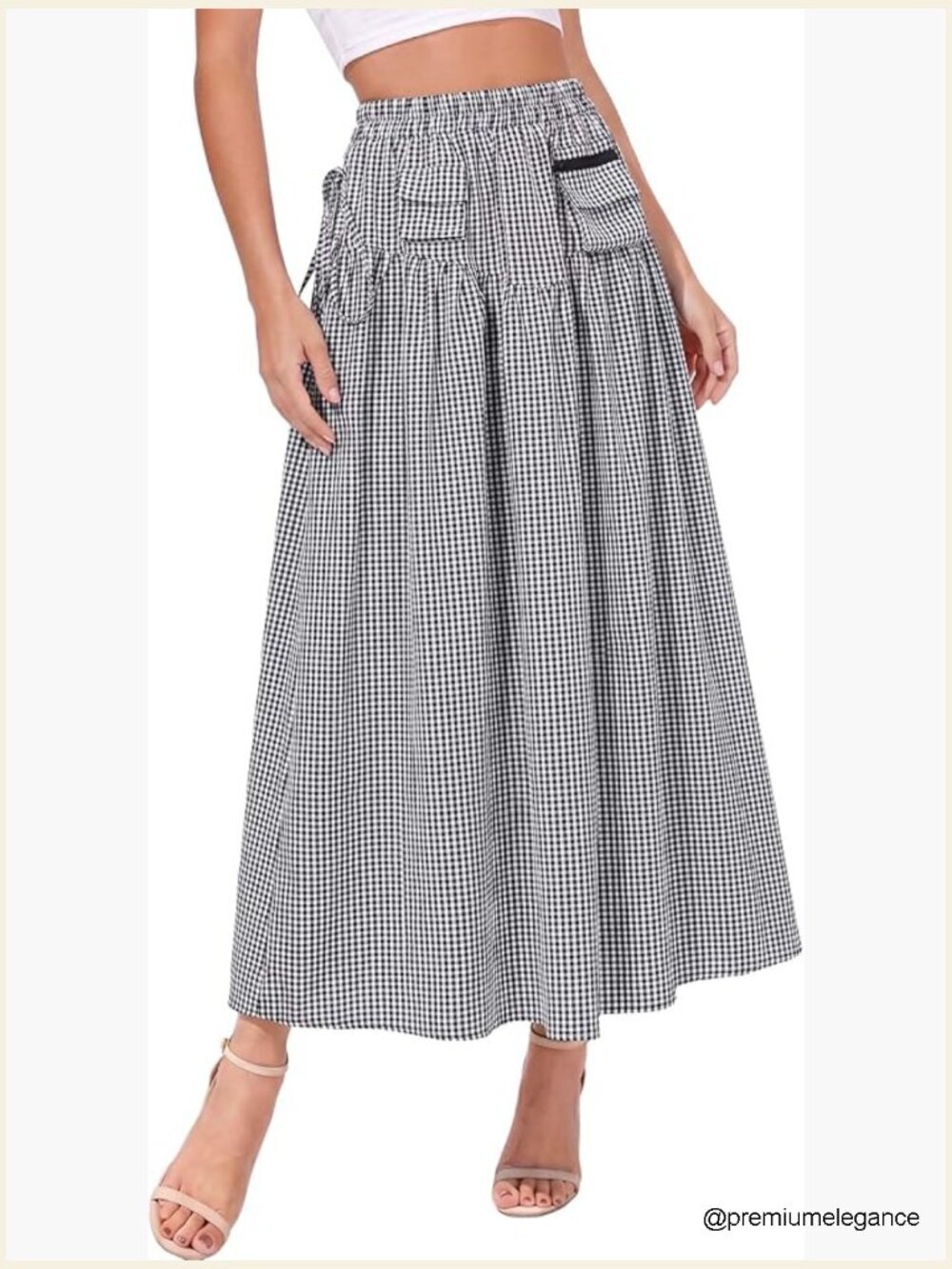 Gingham High Waisted Drawstring A-Line Maxi Skirt